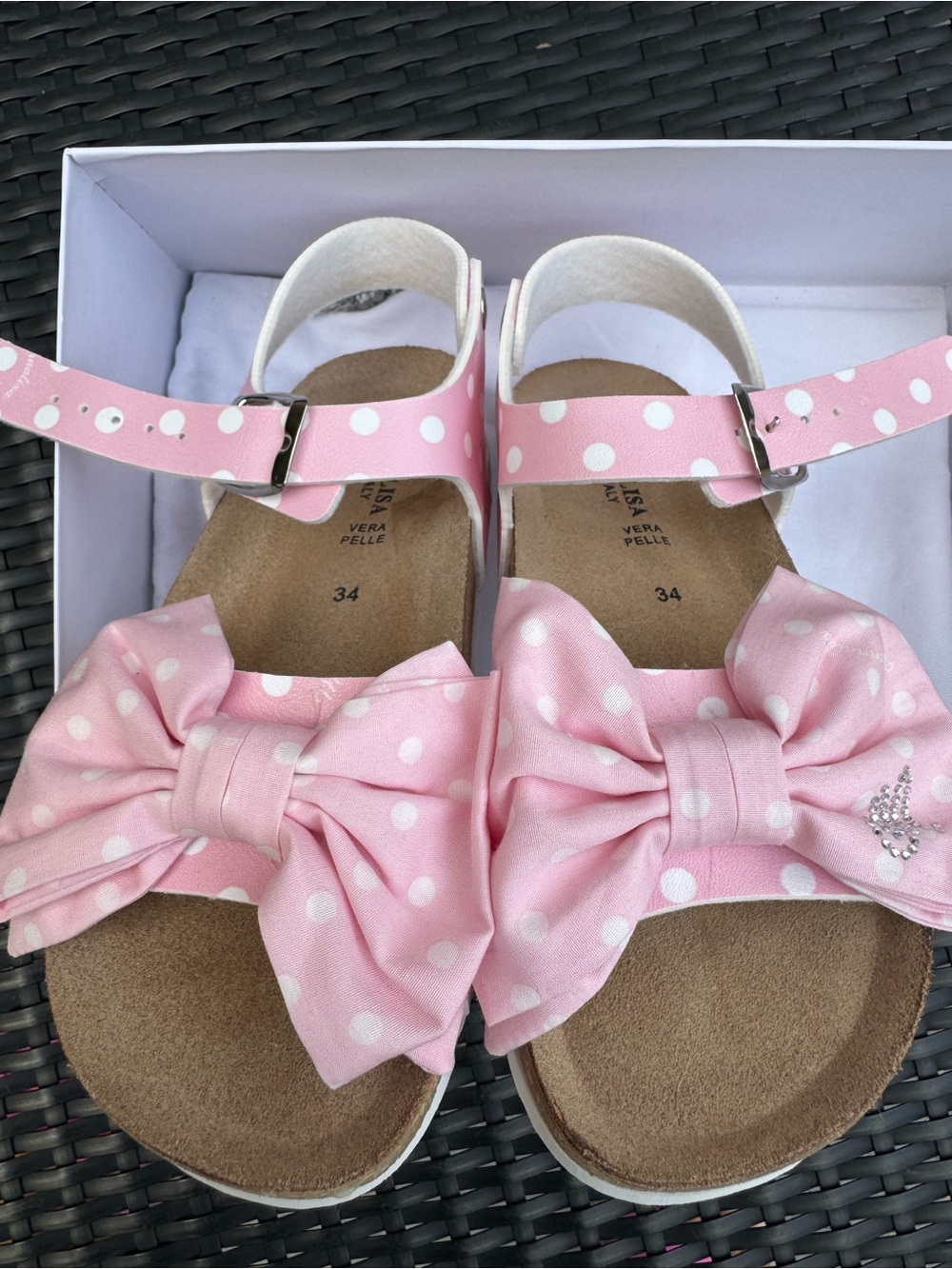 Monnalisa Girls Pink Polka Dot Bow Sandals, EU 34, Made in Italy - Picture 3 of 14